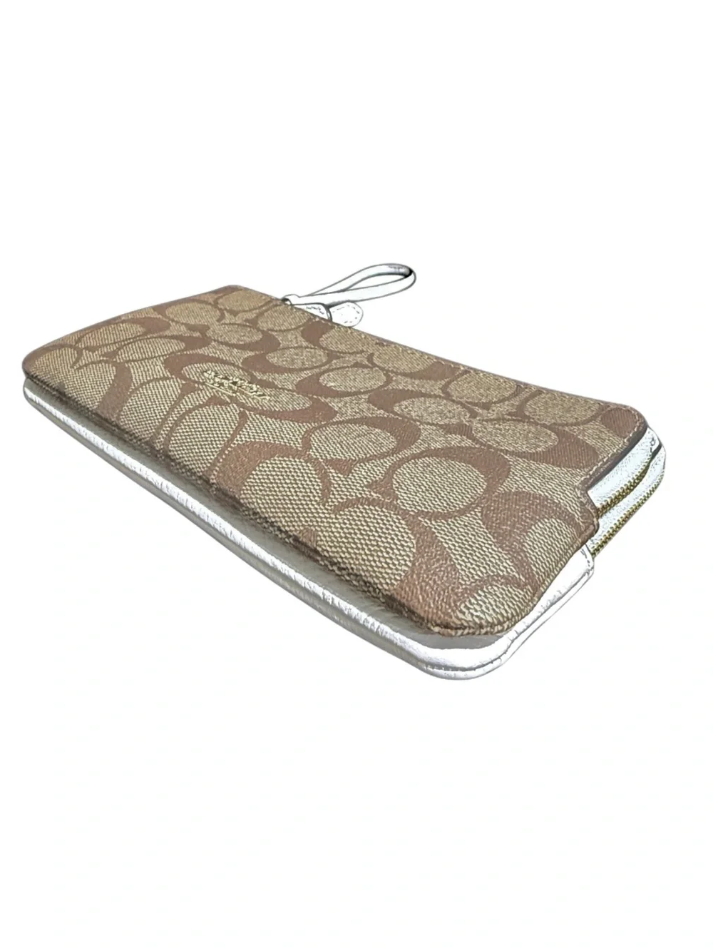 Coach C5576 Signature Canvas Double Zip Wallet Wristlet Brown Pebble Leather